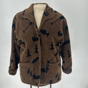 Vtg Denali‎ Men's Brown Sherpa Fleece Jacket Nature Moose Trees Canoes Puddle M